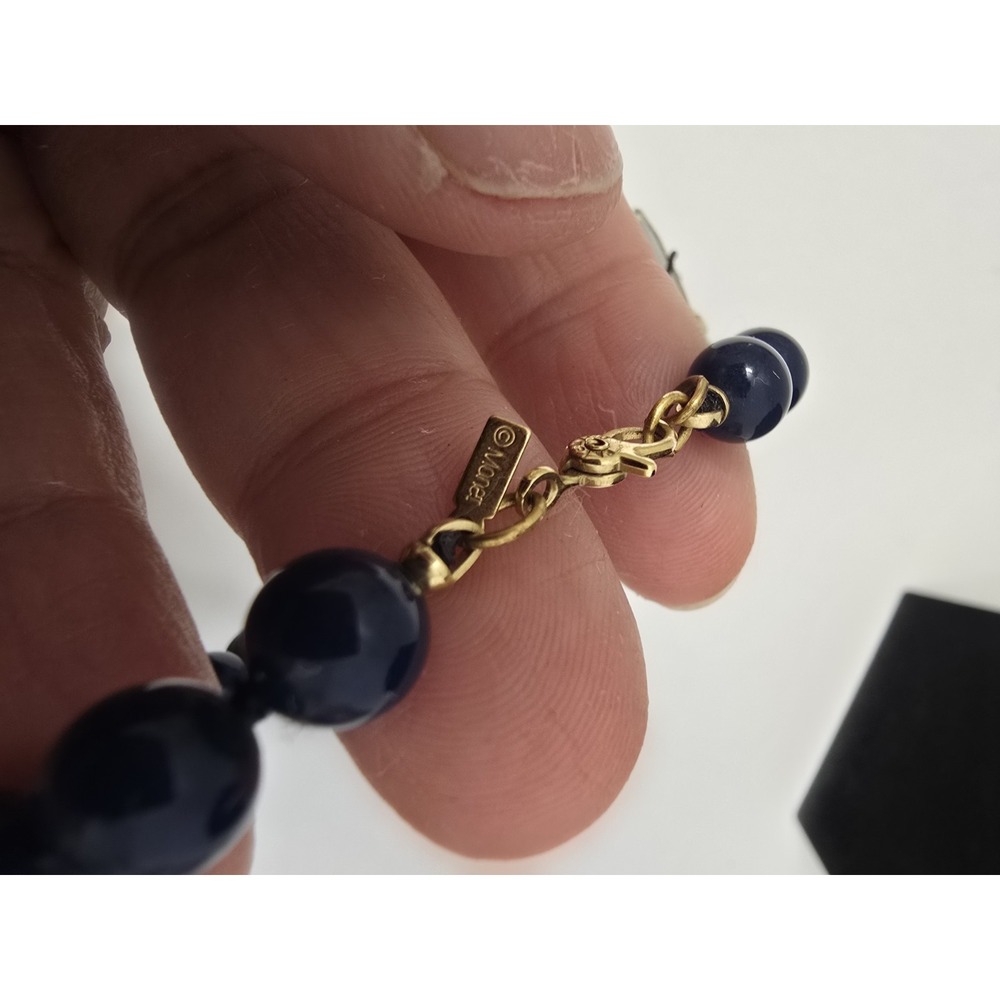 Vtg Monet Navy Blue Glass Beaded Necklace Individually Knotted 16 Inches - Picture 5 of 7
